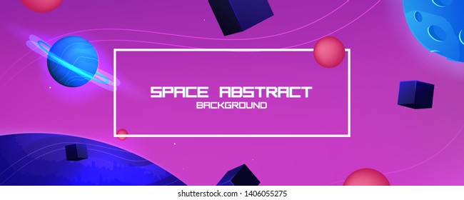 Space abstract background with star and planet and 3d shapes - cube and sphere. Vector banner