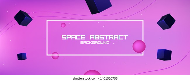 Space abstract background stars and 3d shapes - sphere and cube. Vector banner