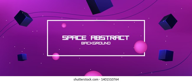Space abstract background stars and 3d shapes - sphere and cube. Vector banner