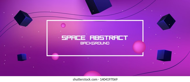 Space abstract background stars and 3d shapes - sphere and cube. Vector banner