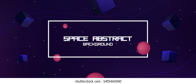 Space abstract background stars and 3d shapes - sphere and cube. Vector banner