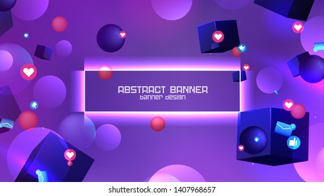 Space abstract background stars and 3d shapes with - sphere and cube Social Network marketing like and heart icon. Vector banner 