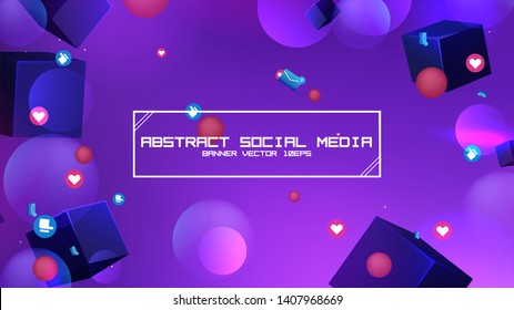Space abstract background stars and 3d shapes with - sphere and cube Social Network marketing like and heart icon. Vector banner 