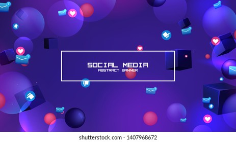 Space abstract background stars and 3d shapes with - sphere and cube Social Network marketing like and heart icon. Vector banner 