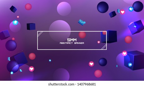 Space abstract background stars and 3d shapes with - sphere and cube Social Network marketing like and heart icon. Vector banner 