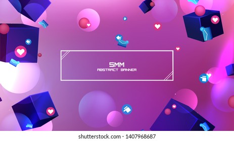 Space abstract background stars and 3d shapes with - sphere and cube Social Network marketing like and heart icon. Vector banner 