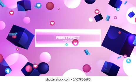 Space abstract background stars and 3d shapes with - sphere and cube Social Network marketing like and heart icon. Vector banner 
