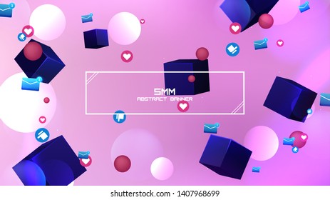 Space abstract background stars and 3d shapes with - sphere and cube Social Network marketing like and heart icon. Vector banner 
