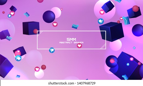 Space abstract background stars and 3d shapes with - sphere and cube Social Network marketing like and heart icon. Vector banner 