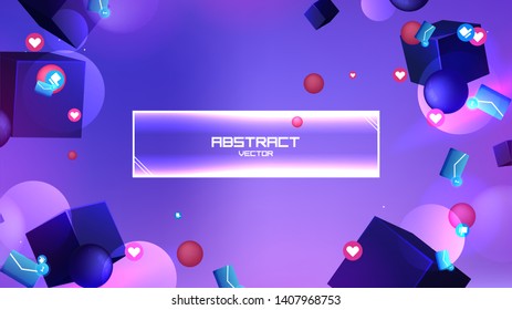 Space abstract background stars and 3d shapes with - sphere and cube Social Network marketing like and heart icon. Vector banner 