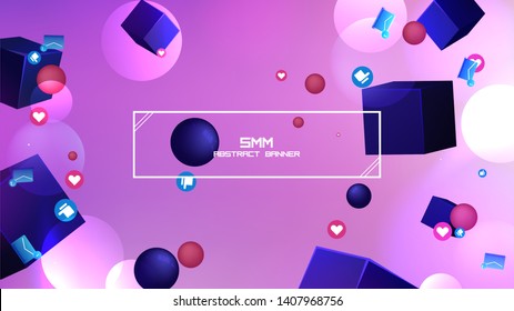 Space abstract background stars and 3d shapes with - sphere and cube Social Network marketing like and heart icon. Vector banner 