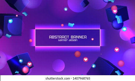 Space abstract background stars and 3d shapes with - sphere and cube Social Network marketing like and heart icon. Vector banner 