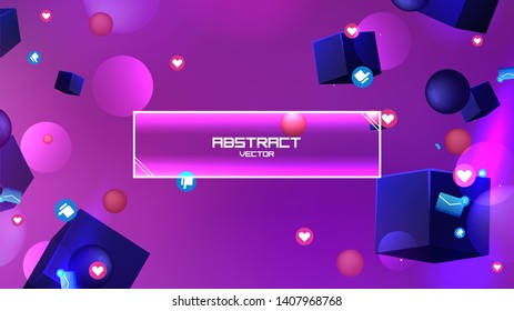 Space abstract background stars and 3d shapes with - sphere and cube Social Network marketing like and heart icon. Vector banner 