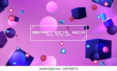 Space abstract background stars and 3d shapes with - sphere and cube Social Network marketing like and heart icon. Vector banner 