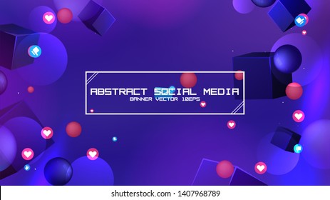 Space abstract background stars and 3d shapes with - sphere and cube Social Network marketing like and heart icon. Vector banner 