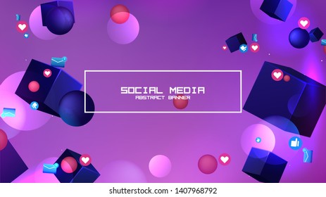 Space abstract background stars and 3d shapes with - sphere and cube Social Network marketing like and heart icon. Vector banner 