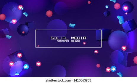 Space abstract background stars and 3d shapes with - sphere and cube Social Network marketing like and heart icon. Vector banner 