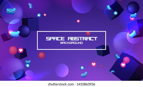 Space abstract background stars and 3d shapes with - sphere and cube Social Network marketing like and heart icon. Vector banner 
