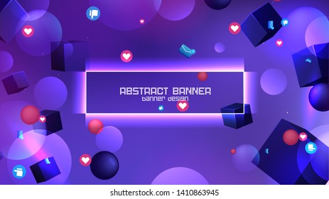 Space abstract background stars and 3d shapes with - sphere and cube Social Network marketing like and heart icon. Vector banner 