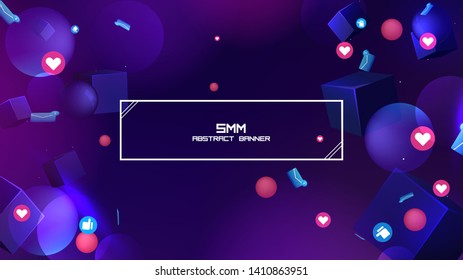 Space abstract background stars and 3d shapes with - sphere and cube Social Network marketing like and heart icon. Vector banner 