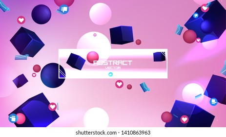 Space abstract background stars and 3d shapes with - sphere and cube Social Network marketing like and heart icon. Vector banner 