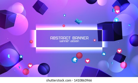 Space abstract background stars and 3d shapes with - sphere and cube Social Network marketing like and heart icon. Vector banner 