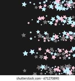 Space abstract background vector with colorful rising stars, arranged in strips. Vintage template with blue, pink, gray night sky, objects on a black background. Celebration, retro style.