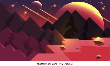 space abstract mountain landscape. red-brown mountains, cliffs and stones against the background of the starry sky with silhouettes of planets, meteorites, glow. author's work. vector 