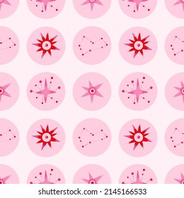 Space abstract seamless pattern with red constellations, stars, comets. Vector illustration on theme of astrology, astronomy. Cosmic pink background. Wallpaper, wrapping paper, textile