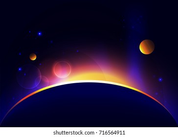 Space abstract vector background with eclipse and sunrise. Stars and planets.