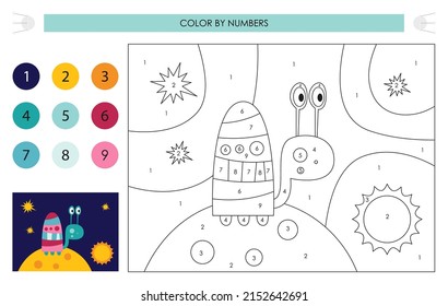 Space activities for kids. Color by numbers – cute alien snail on the moon. Logic games for children. Coloring page. Vector illustration.