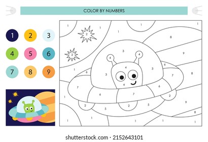 Actividades espaciales para los niños. Color por números - alienígena lindo en platillo volador. Juegos lógicos para niños. Colorido de la página. Ilustración vectorial.