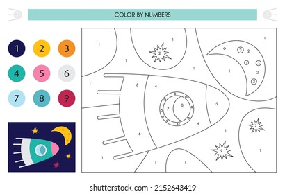 Space activities for kids. Color by numbers – Rocket ship in outer space. Logic games for children. Coloring page. Vector illustration.