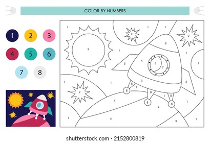 Space activities for kids. Color by numbers – Rocket ship on the Mars. Logic games for children. Coloring page. Vector illustration.