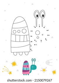 Space activities for kids. Dot to dot game – Space Snail. Numbers games for kids. Coloring page. Vector illustration.