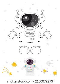 Space activities for kids. Dot to dot game – Astronaut. Numbers games for kids. Coloring page. Vector illustration.