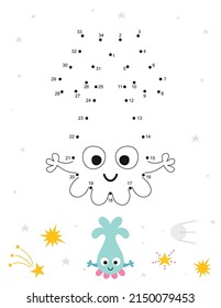 Space activities for kids. Dot to dot game – Cute Alien. Numbers games for kids. Coloring page. Vector illustration.