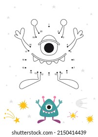 Space activities for kids. Dot to dot game – Cute Alien. Numbers games for kids. Coloring page. Vector illustration.