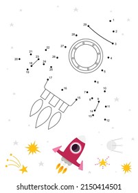 Space activities for kids. Dot to dot game – Rocket Ship. Numbers games for kids. Coloring page. Vector illustration.