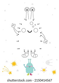 Space activities for kids. Dot to dot game – Cute Blue Alien. Numbers games for kids. Coloring page. Vector illustration.