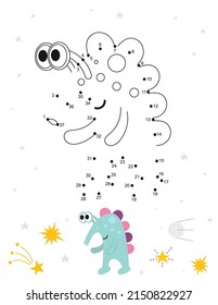 Space activities for kids. Dot to dot game – Cute Blue Alien. Numbers games for kids. Coloring page. Vector illustration.