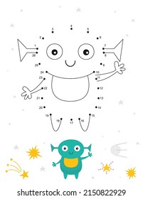 Space activities for kids. Dot to dot game – Cute Little Alien. Numbers games for kids. Coloring page. Vector illustration.