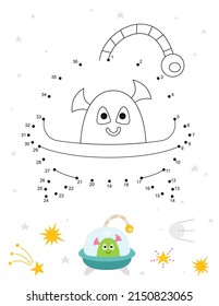 Space activities for kids. Dot to dot game – Cute Little Alien in UFO. Numbers games for kids. Coloring page. Vector illustration.