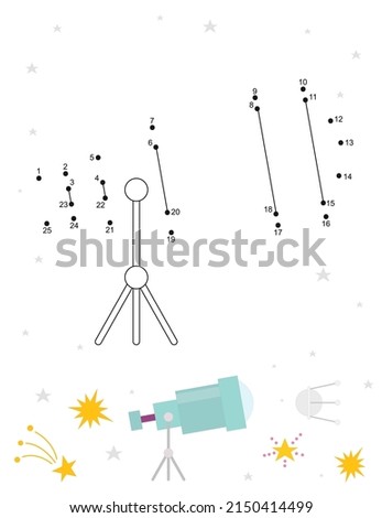 Space activities for kids. Dot to dot game – Telescope. Numbers games for kids. Coloring page. Vector illustration.