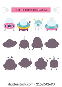 Space activities for kids. Find the correct shadow for flying saucer. Vector illustration.