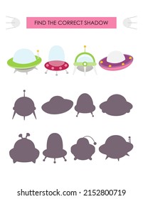 Space activities for kids. Find the correct shadow for spaceship. Vector illustration.