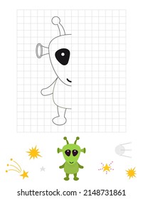 Space Activities For Kids. Finish The Picture – Funny Green Alien. Logic Games For Children. Drawing Grid. Coloring Page. Vector Illustration.