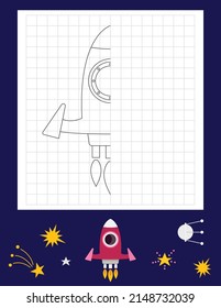 Space activities for kids. Finish the picture – rocket ship. Logic games for children. Coloring page. Vector illustration.