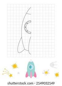 Space Activities For Kids. Finish The Picture – Blue Rocket Ship. Logic Games For Children. Drawing Grid. Coloring Page. Vector Illustration.