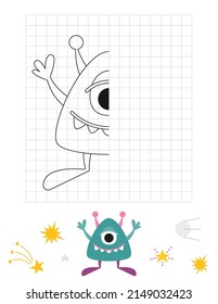 Space activities for kids. Finish the picture – cartoon little alien. Logic games for children. Drawing grid. Coloring page. Vector illustration.
